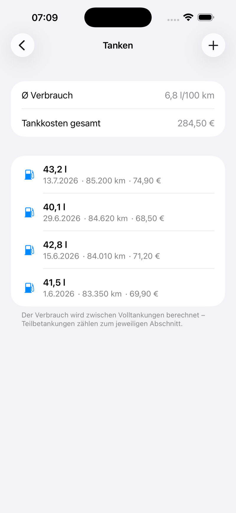 Tankbuch mit Verbrauch und Preis pro Liter je Tankung